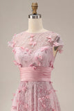 Robe de bal longue rose à manches courtes à manches courtes perlées avec des fleurs 3D