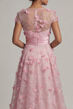 Robe de mère de mariée rose à manches courtes A Line avec des fleurs 3D