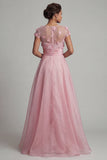 Robe de mère de mariée rose à col rond A avec des fleurs 3D