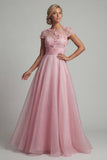 Robe de mère de mariée rose à col rond A avec des fleurs 3D