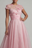 Robe de mère de mariée rose à col rond A avec des fleurs 3D