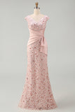 Robe de mère de mariée à col V à perles en blush à V