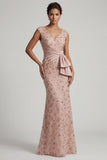 Robe de mère de mariée à col V à perles en blush à V