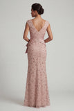 Robe de mère de mariée à col V à perles en blush à V
