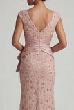 Robe de mère de mariée à col V à perles en blush à V