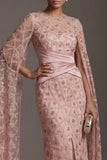 Robe de mère de mariée à manches courtes en fausse à perles à fards à blush