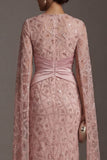 Robe de mère de mariée à manches courtes en fausse à perles à fards à blush