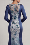 Robe de mère de mariée à manches longues en seillettes marines