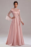 Robe de mère de mariée rose à manches longues appliquée rose A