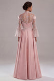 Robe de mère de mariée rose à manches longues appliquée rose A