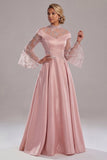 Robe de mère de mariée rose à manches longues appliquée rose A