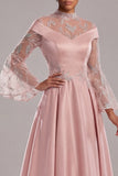 Robe de mère de mariée rose à manches longues appliquée rose A