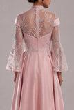 Robe de mère de mariée rose à manches longues appliquée rose A