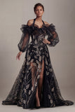 Robe de mère de mariée à paillettes noires à épaules froides A Line avec fente
