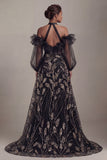 Robe de mère de mariée à paillettes noires à épaules froides A Line avec fente