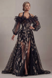 Robe de mère de mariée à paillettes noires à épaules froides A Line avec fente