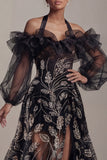 Robe de mère de mariée à paillettes noires à épaules froides A Line avec fente