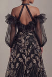 Robe de mère de mariée à paillettes noires à épaules froides A Line avec fente