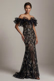 Robe de la mère de la mariée en sirène noire à sequins dénudés