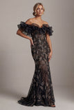 Robe de la mère de la mariée en sirène noire à sequins dénudés
