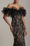 Robe de la mère de la mariée en sirène noire à sequins dénudés