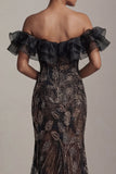 Robe de la mère de la mariée en sirène noire à sequins dénudés