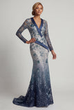 Robe de mère de mariée à col en V à fleurs à col en V en sirène bleu marine
