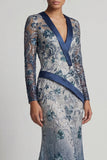 Robe de mère de mariée à col en V à fleurs à col en V en sirène bleu marine