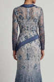 Robe de mère de mariée à col en V à fleurs à col en V en sirène bleu marine