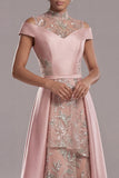 Épaule décalée à décolleté illusion Une robe de mère de mariée rose à sequins