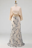 Robe de la mère de la mariée à manches longues en paillettes de champagne