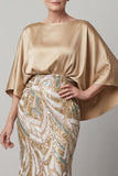 Robe de mère de mariée en champagne à paillettes et manches courtes