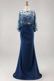 Robe de la mère de la mariée à paillettes scintillantes en marine à fleurs