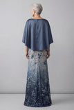 Robe de la mère de la mariée en sirène scintillante à longues fleurs bleu marine