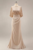 Robe longue sirène de la mère de la mariée à paillettes paillettes Champagne avec poches