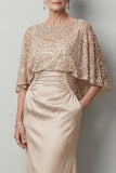 Robe longue sirène de la mère de la mariée à paillettes paillettes Champagne avec poches
