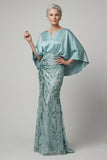 Robe longue de la mère de la mariée en sirène bleu paillettes
