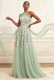Robe longue de bal de bal en sauge poussiéreuse en ligne A, paillettes brodées en tulle