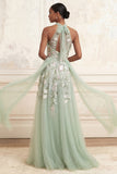 Robe longue de bal de bal en sauge poussiéreuse en ligne A, paillettes brodées en tulle