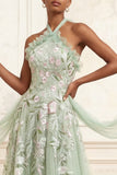 Robe longue de bal de bal en sauge poussiéreuse en ligne A, paillettes brodées en tulle