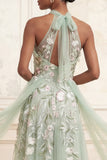 Robe longue de bal de bal en sauge poussiéreuse en ligne A, paillettes brodées en tulle