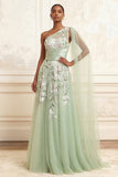 Longue robe de bal de bal en sauge poussiéreuse à paillettes en tulle à une épaule avec broderies