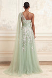 Longue robe de bal de bal en sauge poussiéreuse à paillettes en tulle à une épaule avec broderies