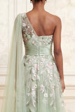 Longue robe de bal de bal en sauge poussiéreuse à paillettes en tulle à une épaule avec broderies