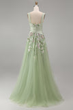 Robe de bal longue brodée en tulle sauge poussiéreuse à col carré avec fente