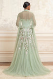 Robe de bal longue vert sauge poussiéreux ligne A brodée avec fente