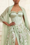 Robe de bal longue vert sauge poussiéreux ligne A brodée avec fente
