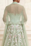Robe de bal longue vert sauge poussiéreux ligne A brodée avec fente