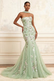 Robe longue de bal de bal brodée en sauge poussiéreuse s’est démoinée de sequins en tulle