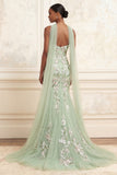 Robe longue de bal de bal brodée en sauge poussiéreuse s’est démoinée de sequins en tulle